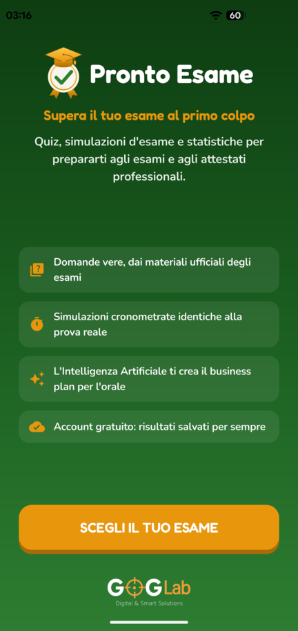 Schermata di benvenuto di Pronto Esame