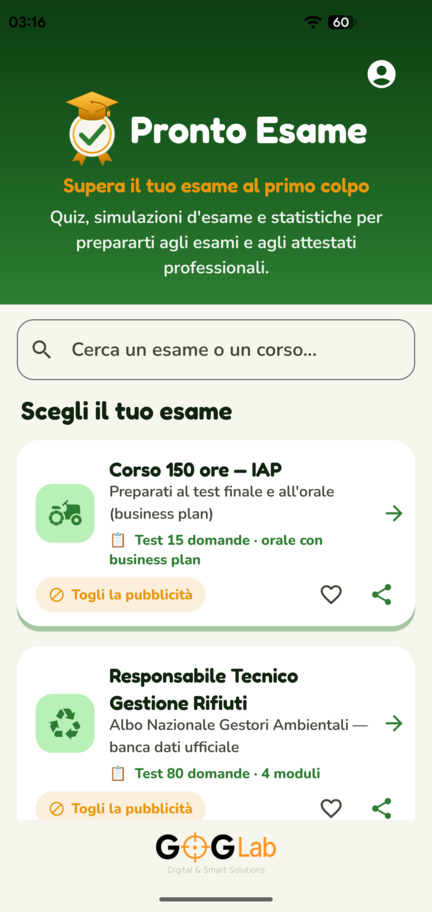 Schermata del catalogo esami di Pronto Esame