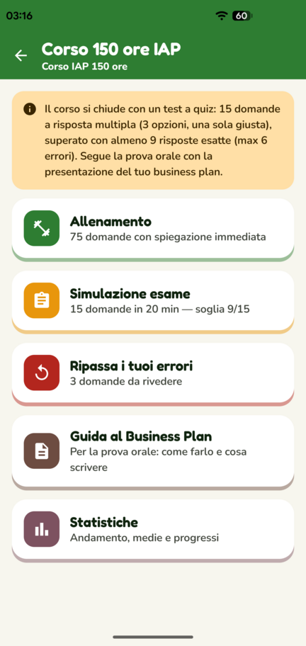 Schermata del corso IAP in Pronto Esame